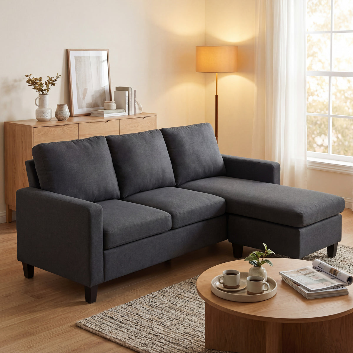 L-Shape Sofa, Modern Sectional Couch with Ottoman, Corner Sofa for Living Room, Dark Grey