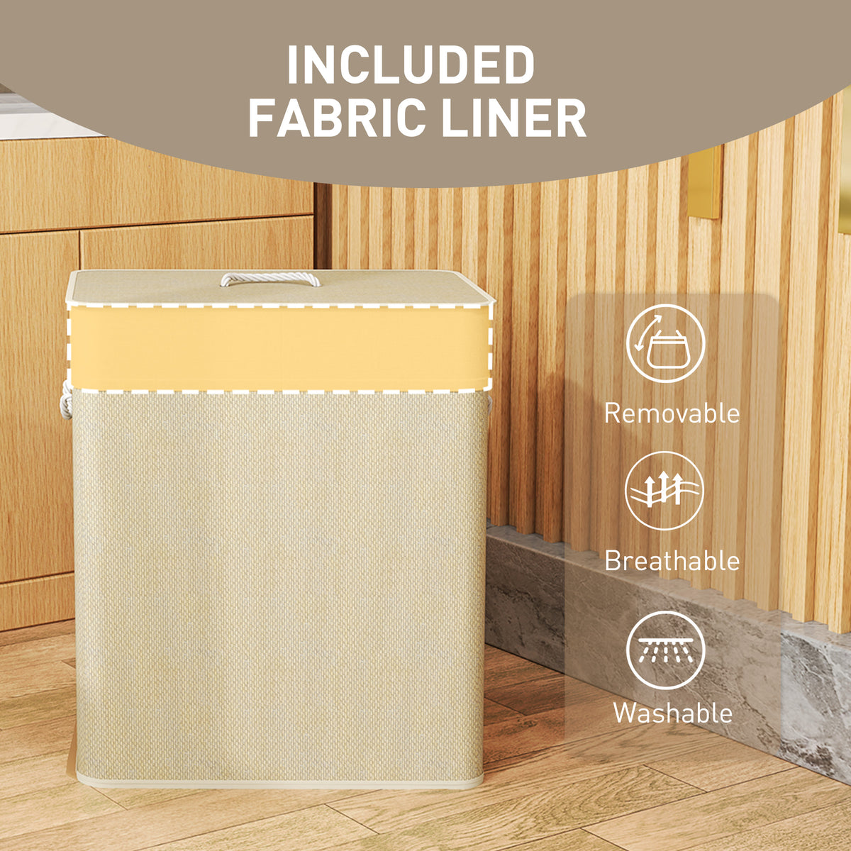 Double Laundry Basket with Lid, 100L Bamboo Laundry Hamper with Rope Handles and Removable Bags, Brown – view 13