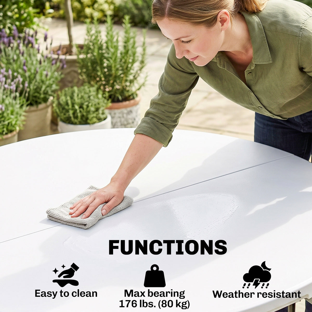 Φ48" Folding Patio Table, Outdoor HDPE Picnic Table, Card Table for 6, Round Folding Banquet with Metal Frame, White