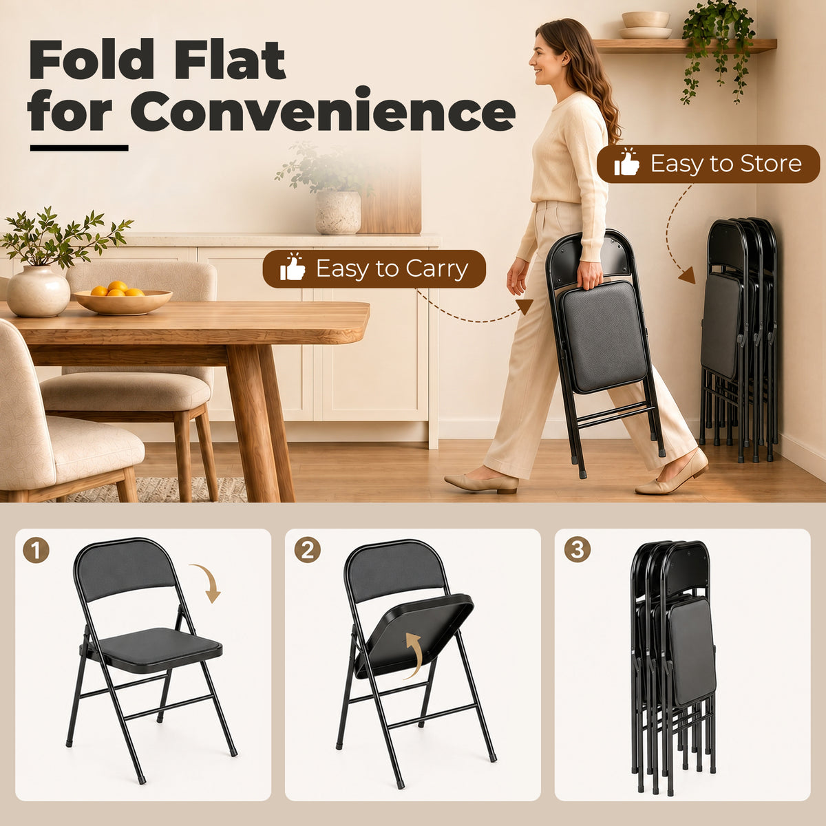 Set of 4 Metal Foldable Chairs, PU Leather Padded Folding Chairs with Cushion Seat and Open Back for Indoor, Black