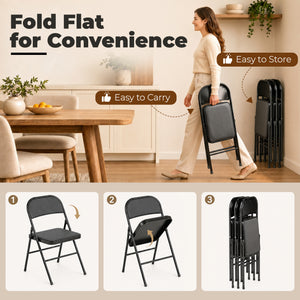 Set of 4 Metal Foldable Chairs, PU Leather Padded Folding Chairs with Cushion Seat and Open Back for Indoor, Black
