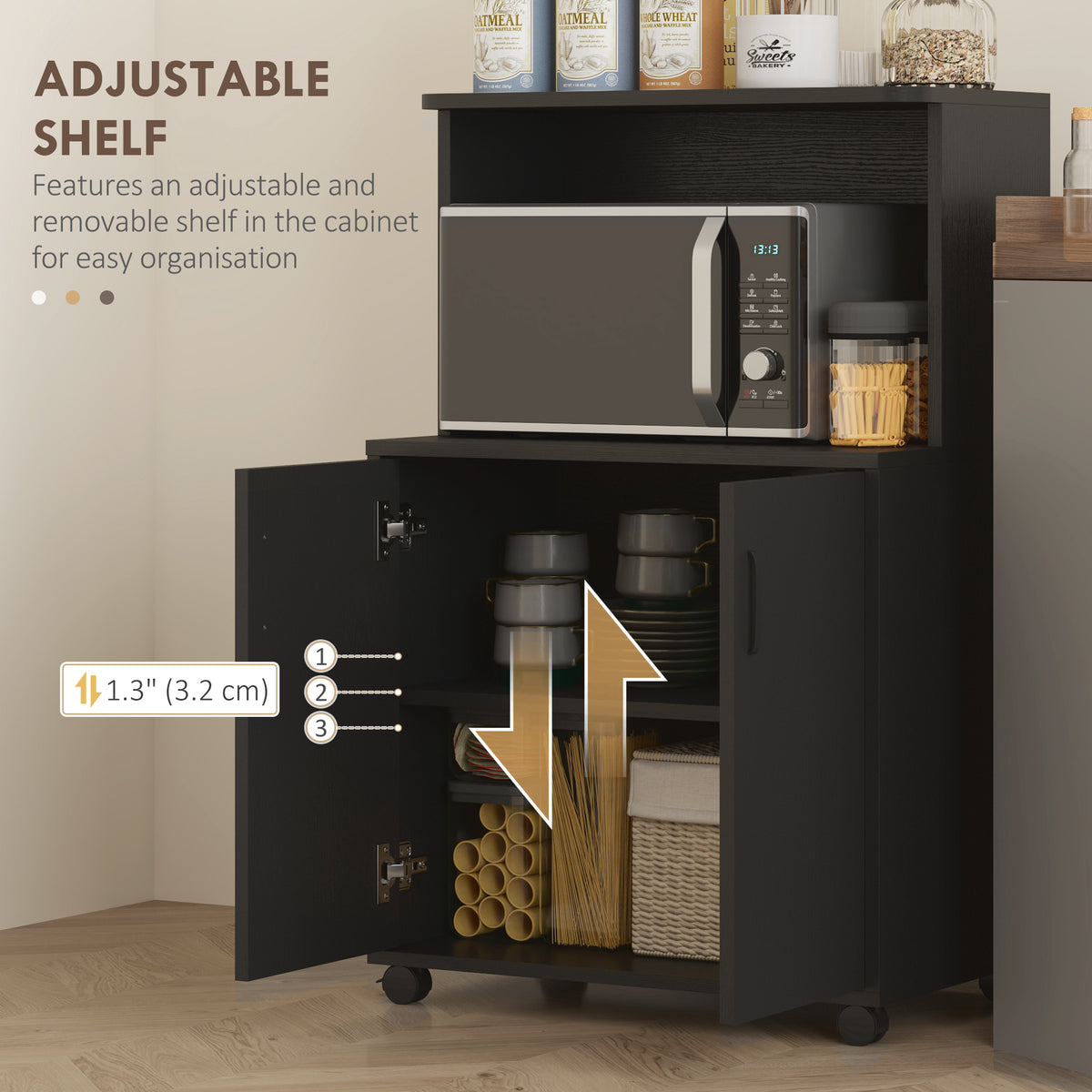 Microwave Cart on Wheels Utility Trolley Storage Sideboard Bookcase with 2-door Cabinet, Grey Wood Grain