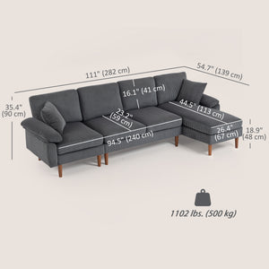 L-Shape Sofa, Modern Sectional Couch with Changeable Chaise Lounge, Pillows and Wooden Legs for Living Room, Dark Grey