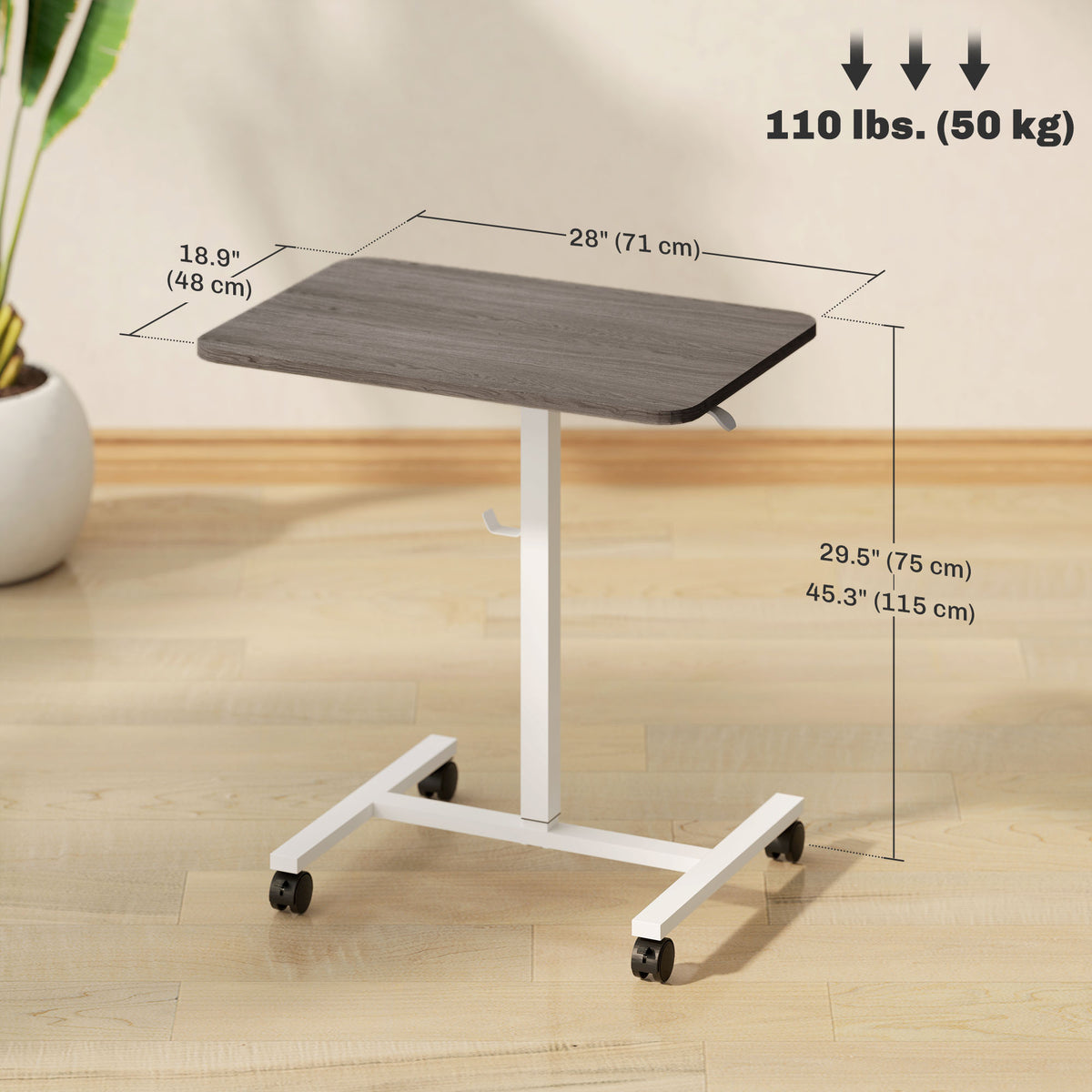 Height Adjustable Standing Desk, Pneumatic Sit Stand Desk with Wheels and Headphone Hook, Grey Wood Grain – view 2