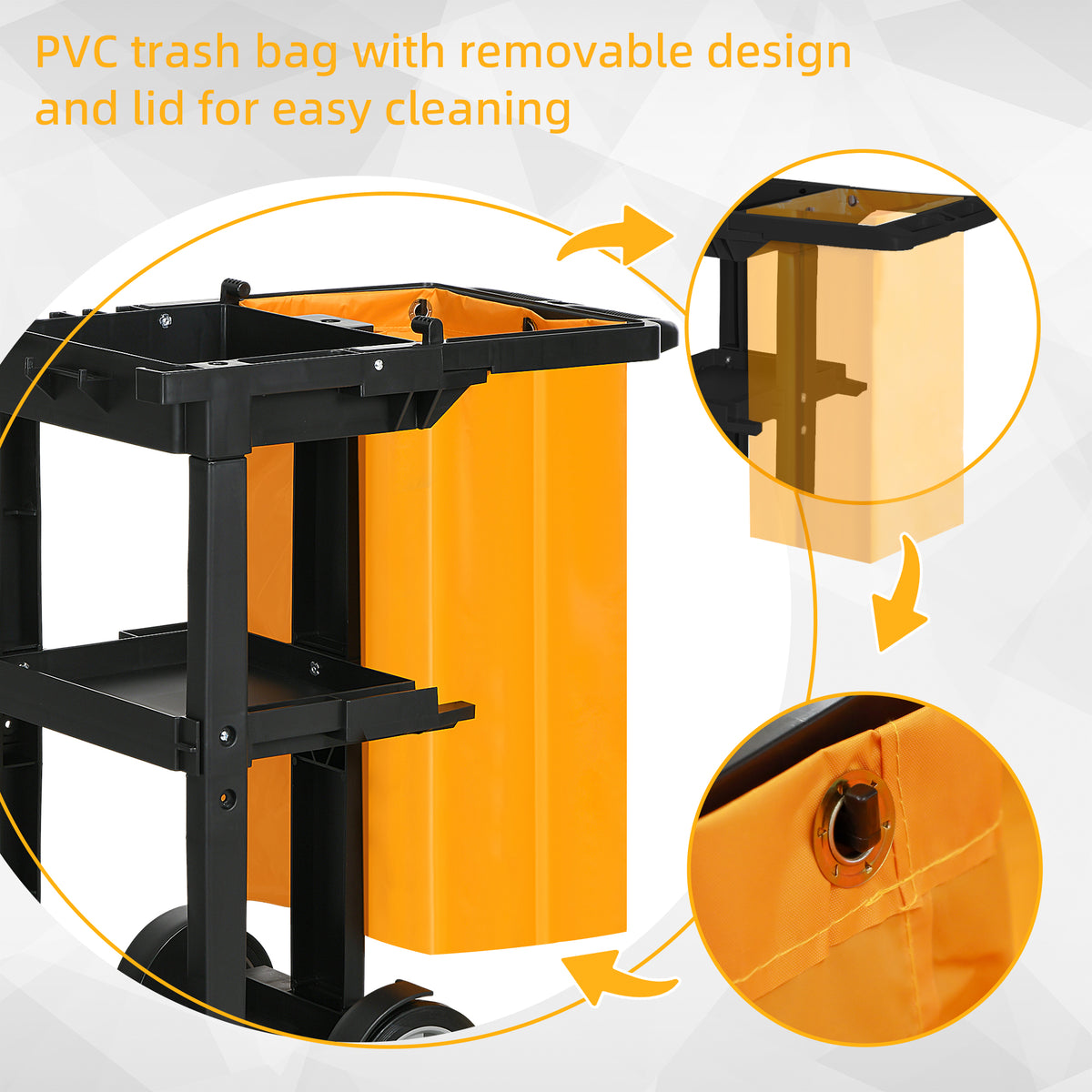 Janitorial Cart with 3 Shelves, Cleaning Cart on Wheels with Rubbish Bag and Mop Holders for Hotel – view 12