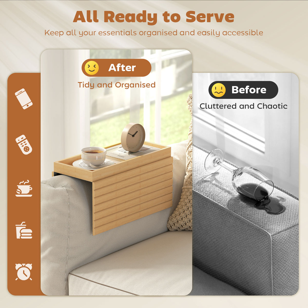 Bamboo Couch Arm Tray, Sofa Armrest Tray with Flexible Roll-up Design and Wide Compartment, Natural
