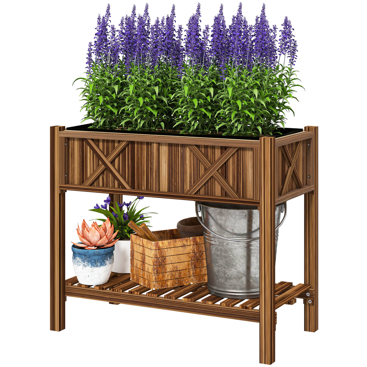 Wooden Raised Garden Bed, Elevated Planter Box with Storage Shelf, Drainage Holes and Liner – view 8