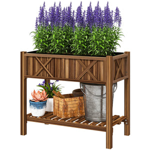 Wooden Raised Garden Bed, Elevated Planter Box with Storage Shelf, Drainage Holes and Liner – view 8