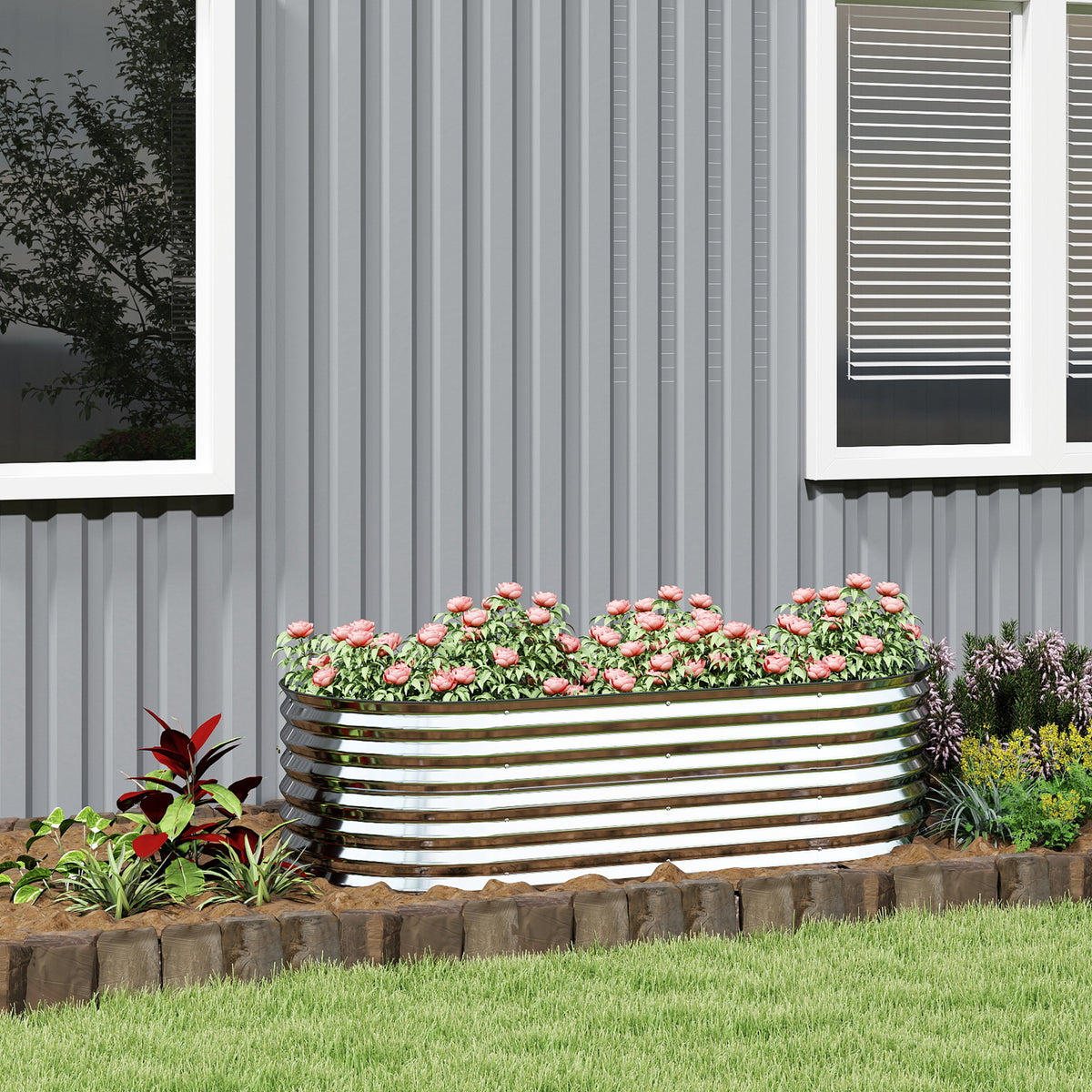5 x 2.5 x 2 ft Galvanized Raised Garden Bed, Easy DIY Oval Planter Box with Safety Edging and Gloves, Silver