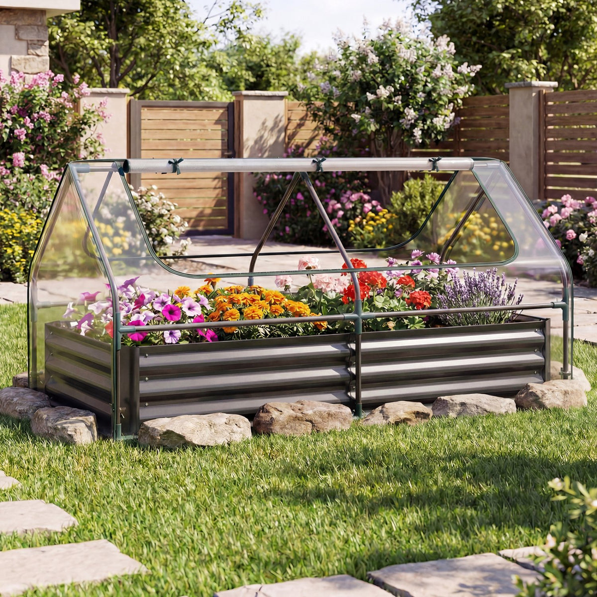 69 x 33 x 12 Inch Galvanized Raised Garden Bed with Cover-Black view 2