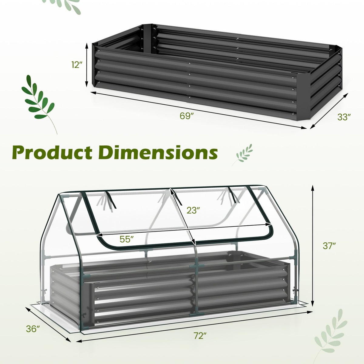 69 x 33 x 12 Inch Galvanized Raised Garden Bed with Cover-Black view 4
