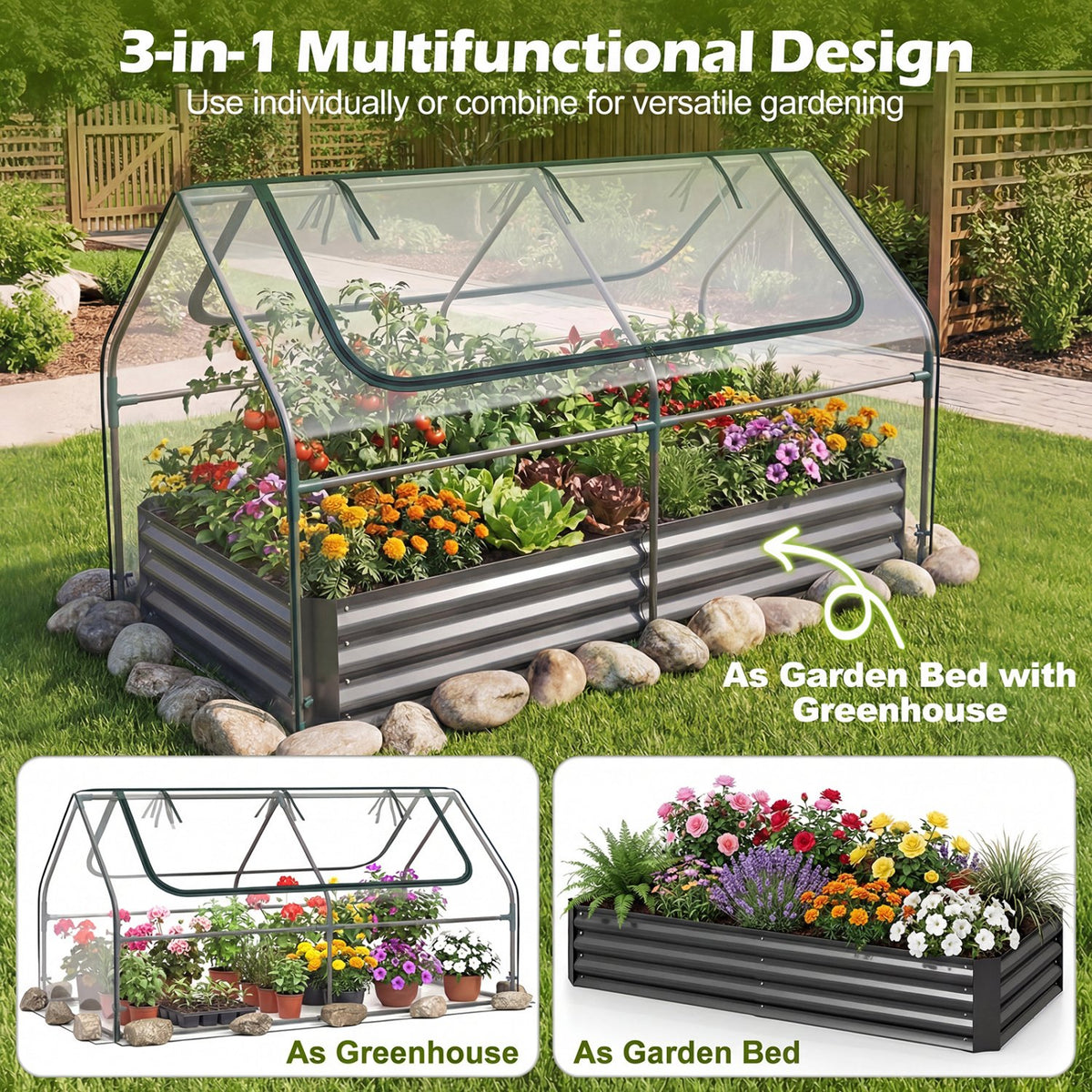 69 x 33 x 12 Inch Galvanized Raised Garden Bed with Cover-Black view 5