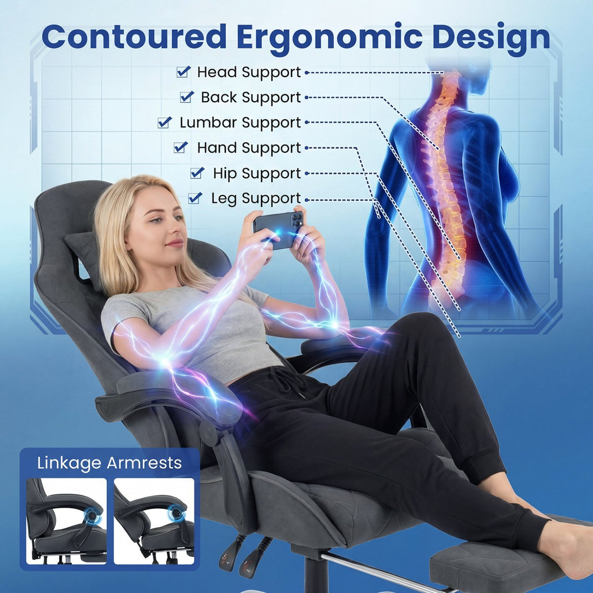 Gaming Chair Height Adjustable Computer Chair with Headrest and Lumbar Support-Gray view 8