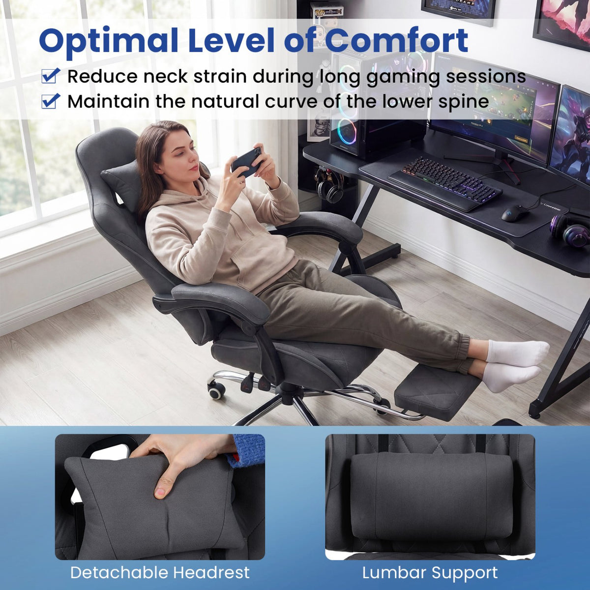 Gaming Chair Height Adjustable Computer Chair with Headrest and Lumbar Support-Gray view 9
