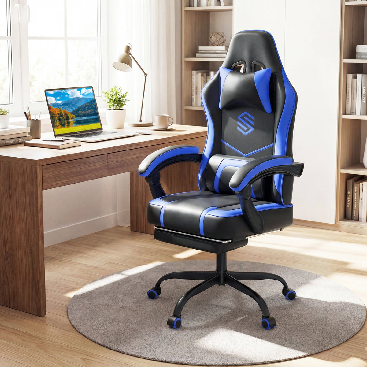 Gaming Chair Height Adjustable Computer Chair with Headrest Ergonomic Office Task Chair-Navy view 2
