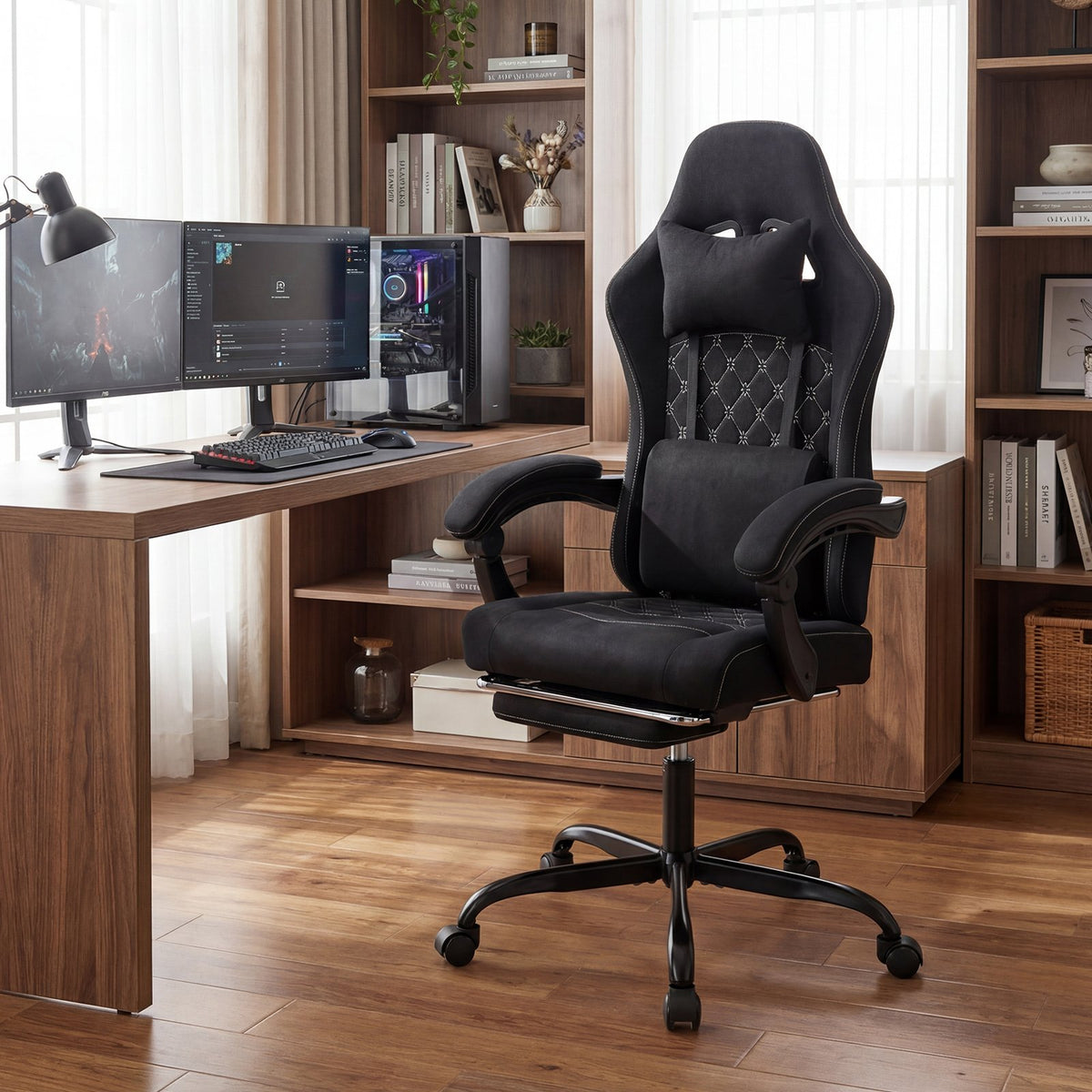Gaming Chair Height Adjustable Computer Chair with Headrest Video Game Chair-Black view 2