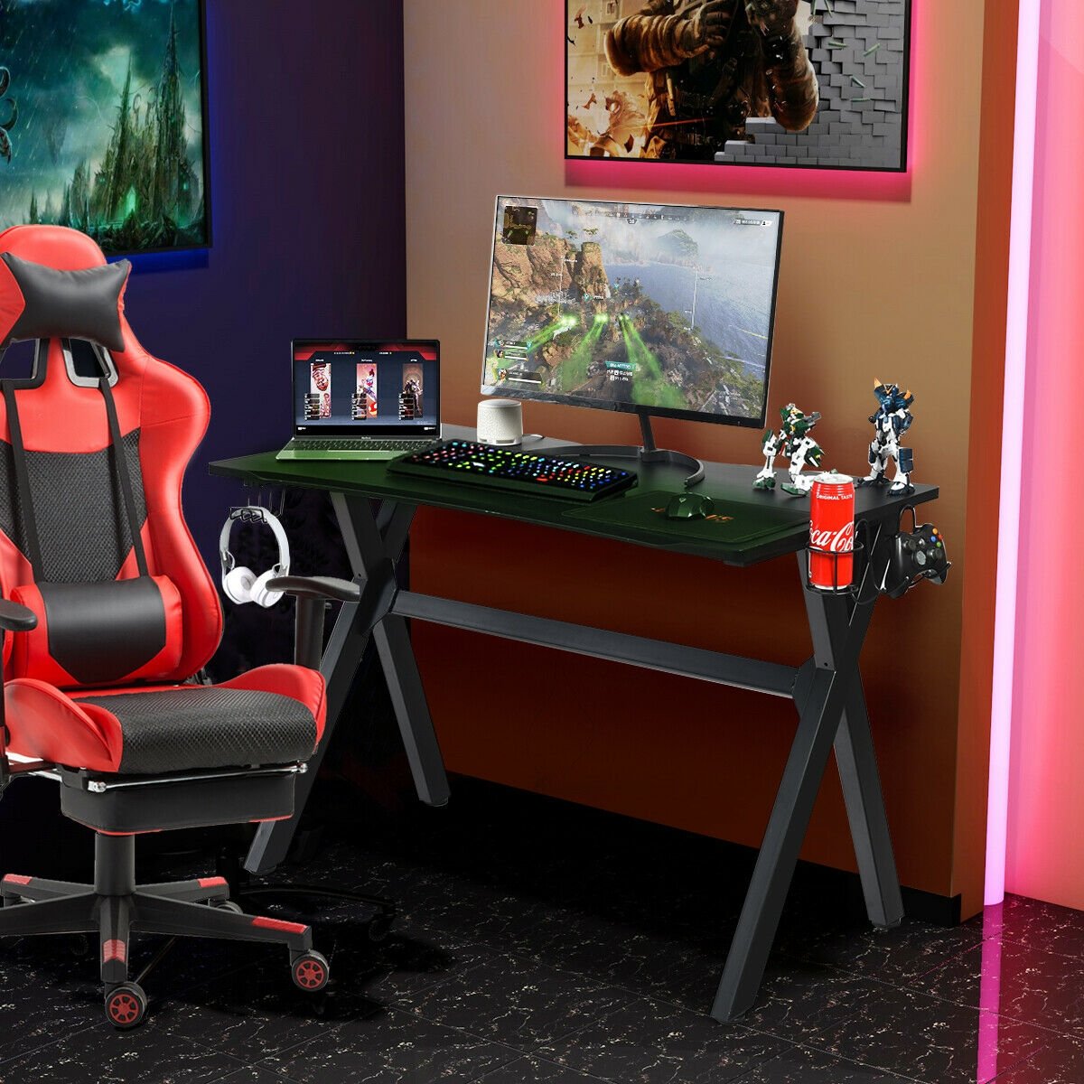 Ergonomic Gaming Desk with Mousepad and Cup Headphone Holder view 2