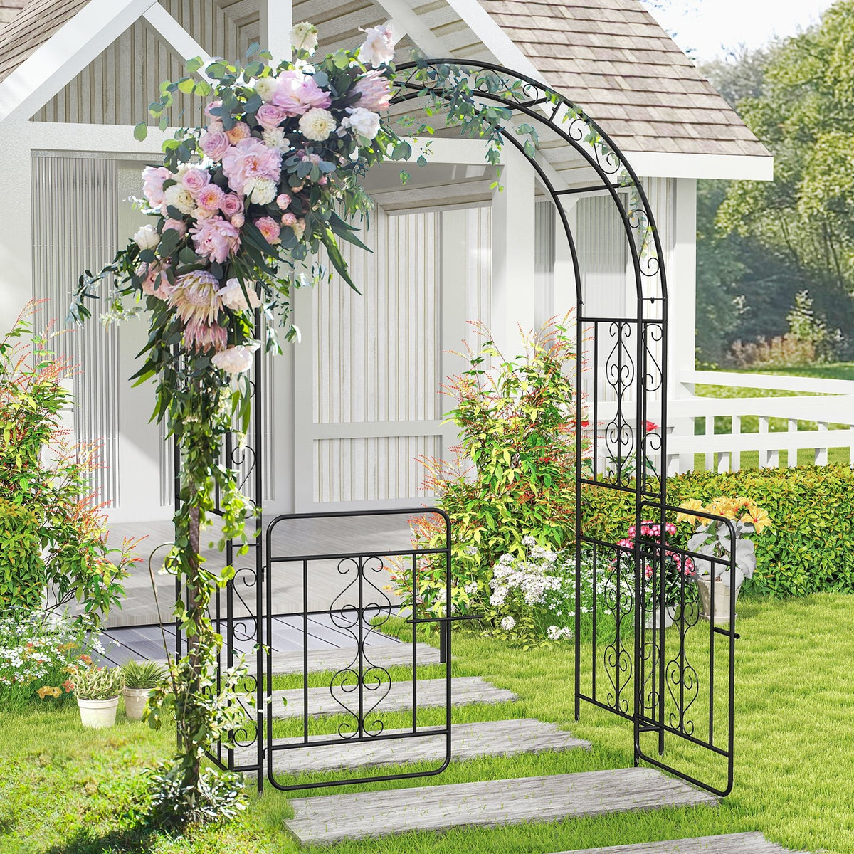 Garden Arbor with Gate with Multiple Side Crossbars and 4 Sharp Ground Stakes-Black view 2