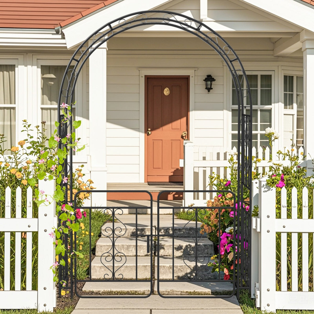 Garden Arbor with Gate with Multiple Side Crossbars and 4 Sharp Ground Stakes-Black view 3