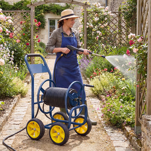 Garden Hose Reel Cart 4 Wheels Heavy-Duty Metal Water Hose Organizer Portable-Blue view 2