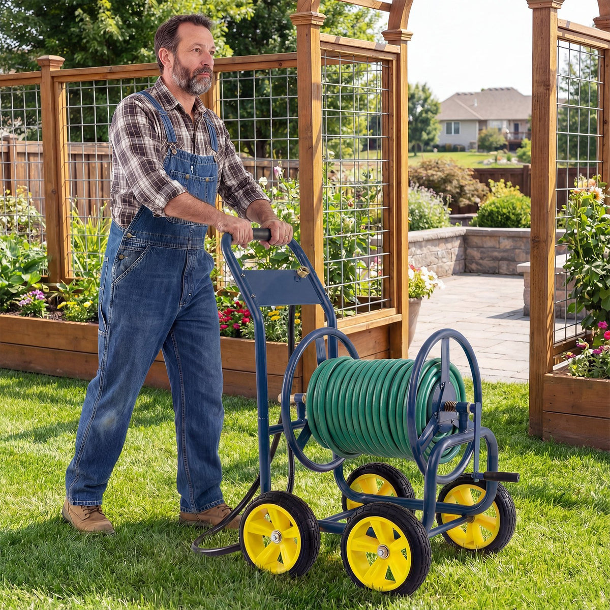 Garden Hose Reel Cart 4 Wheels Heavy-Duty Metal Water Hose Organizer Portable-Blue view 3