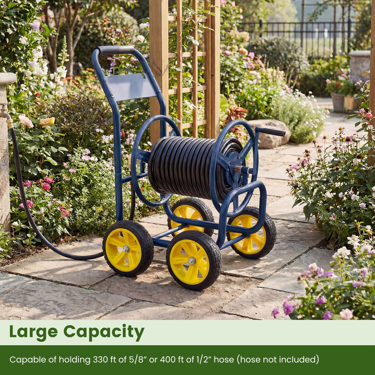 Garden Hose Reel Cart 4 Wheels Heavy-Duty Metal Water Hose Organizer Portable-Blue view 5
