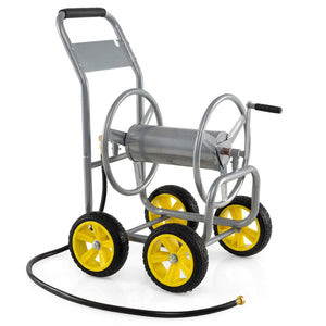 Garden Hose Reel Cart 4 Wheels Heavy-Duty Metal Water Hose Organizer Portable-Silver
