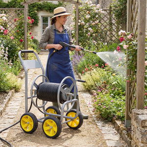 Garden Hose Reel Cart 4 Wheels Heavy-Duty Metal Water Hose Organizer Portable-Silver view 2