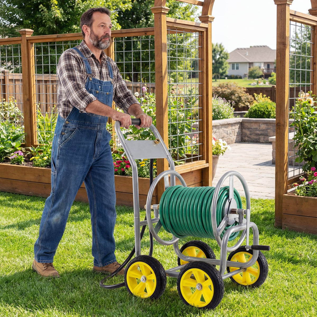 Garden Hose Reel Cart 4 Wheels Heavy-Duty Metal Water Hose Organizer Portable-Silver view 3