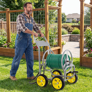 Garden Hose Reel Cart 4 Wheels Heavy-Duty Metal Water Hose Organizer Portable-Silver view 3