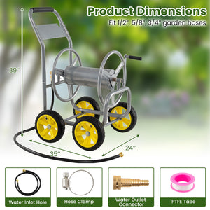 Garden Hose Reel Cart 4 Wheels Heavy-Duty Metal Water Hose Organizer Portable-Silver view 4