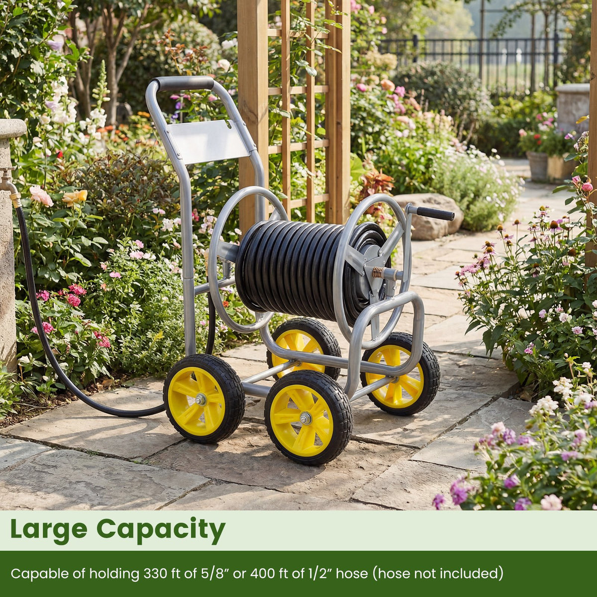 Garden Hose Reel Cart 4 Wheels Heavy-Duty Metal Water Hose Organizer Portable-Silver view 5