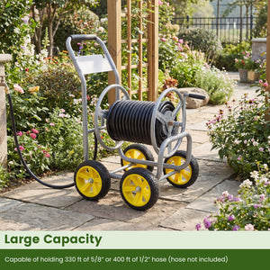 Garden Hose Reel Cart 4 Wheels Heavy-Duty Metal Water Hose Organizer Portable-Silver view 5