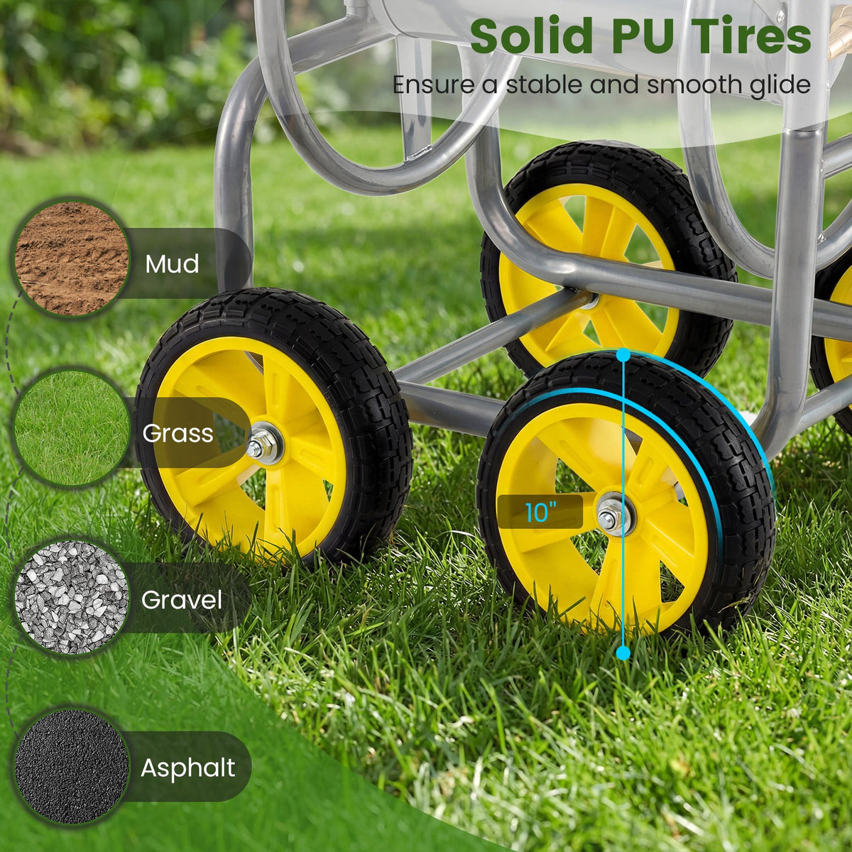 Garden Hose Reel Cart 4 Wheels Heavy-Duty Metal Water Hose Organizer Portable-Silver view 6