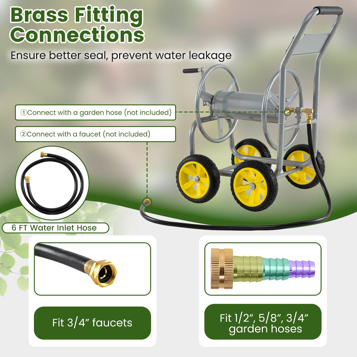 Garden Hose Reel Cart 4 Wheels Heavy-Duty Metal Water Hose Organizer Portable-Silver view 8