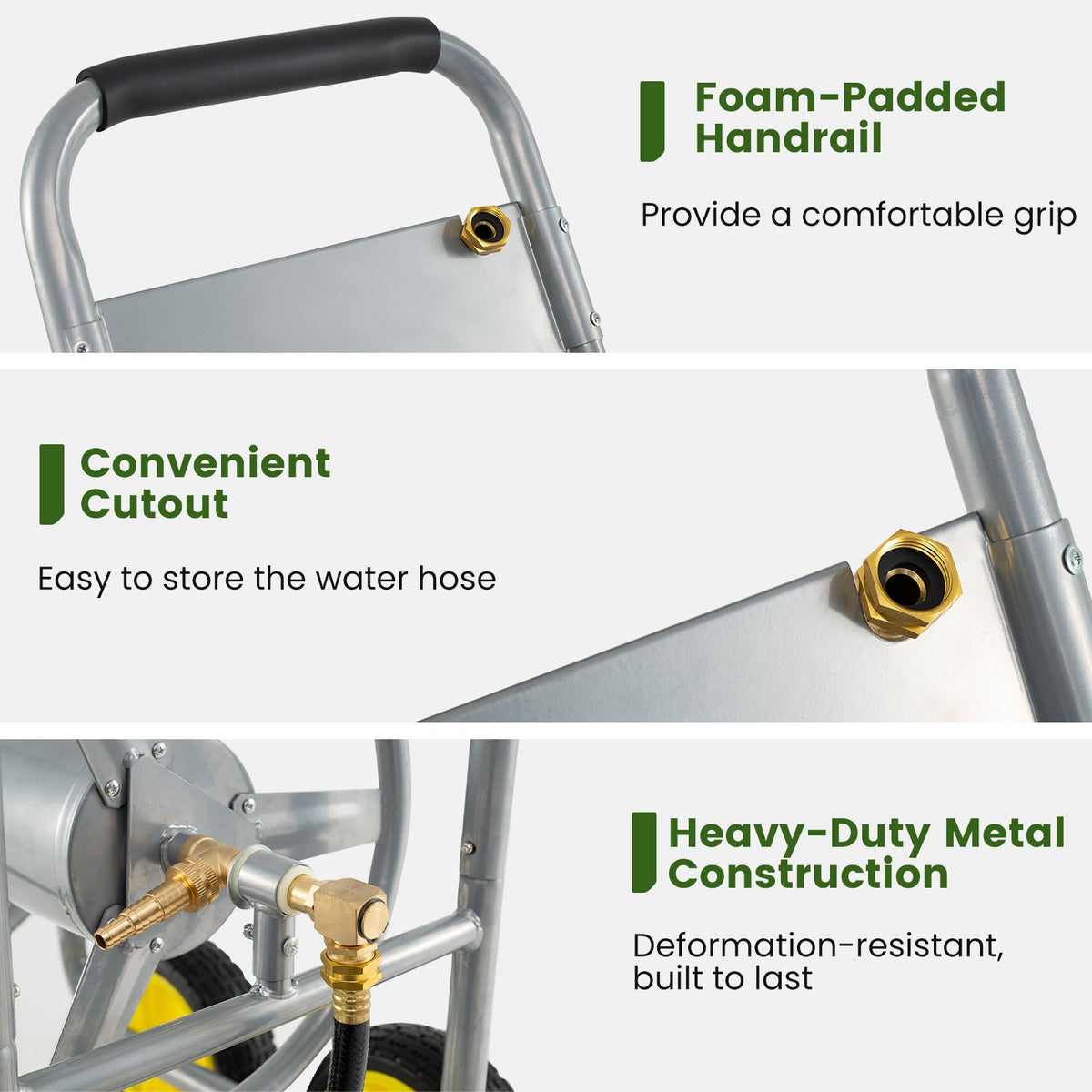 Garden Hose Reel Cart 4 Wheels Heavy-Duty Metal Water Hose Organizer Portable-Silver view 9