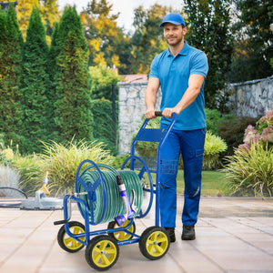 Garden Hose Reel Cart Metal Hose Cart with 4 Wheels and Storage Basket-Blue view 3