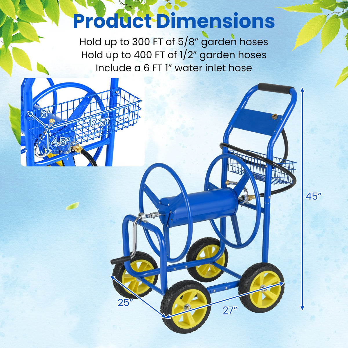 Garden Hose Reel Cart Metal Hose Cart with 4 Wheels and Storage Basket-Blue view 4