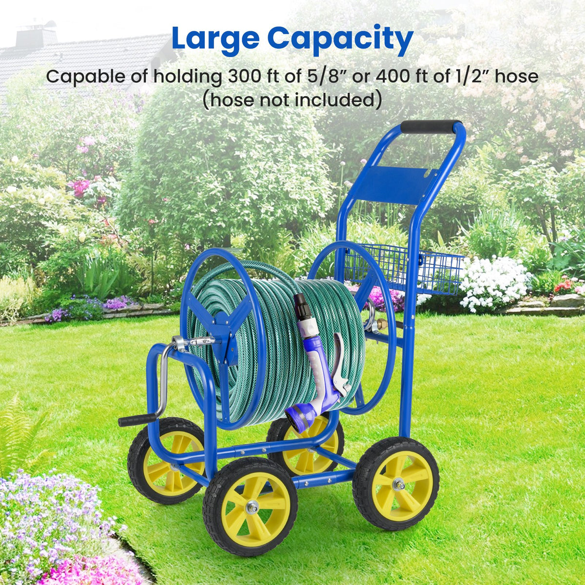 Garden Hose Reel Cart Metal Hose Cart with 4 Wheels and Storage Basket-Blue view 5