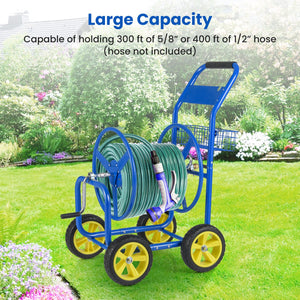 Garden Hose Reel Cart Metal Hose Cart with 4 Wheels and Storage Basket-Blue view 5