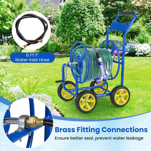 Garden Hose Reel Cart Metal Hose Cart with 4 Wheels and Storage Basket-Blue view 7