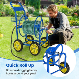 Garden Hose Reel Cart Metal Hose Cart with 4 Wheels and Storage Basket-Blue view 8