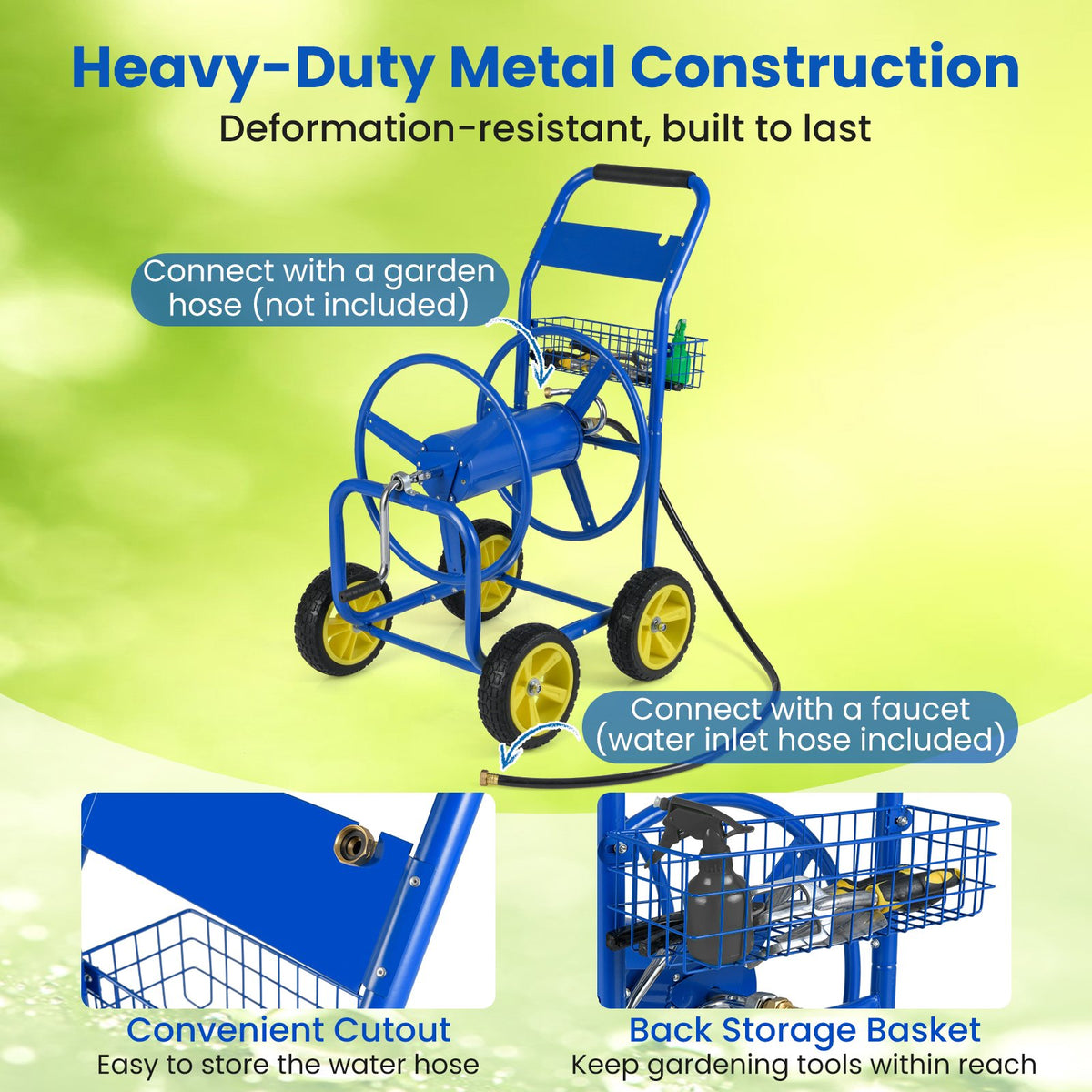 Garden Hose Reel Cart Metal Hose Cart with 4 Wheels and Storage Basket-Blue view 9