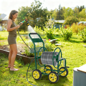 Garden Hose Reel Cart Metal Hose Cart with 4 Wheels and Storage Basket-Green view 2