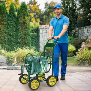 Garden Hose Reel Cart Metal Hose Cart with 4 Wheels and Storage Basket-Green view 3
