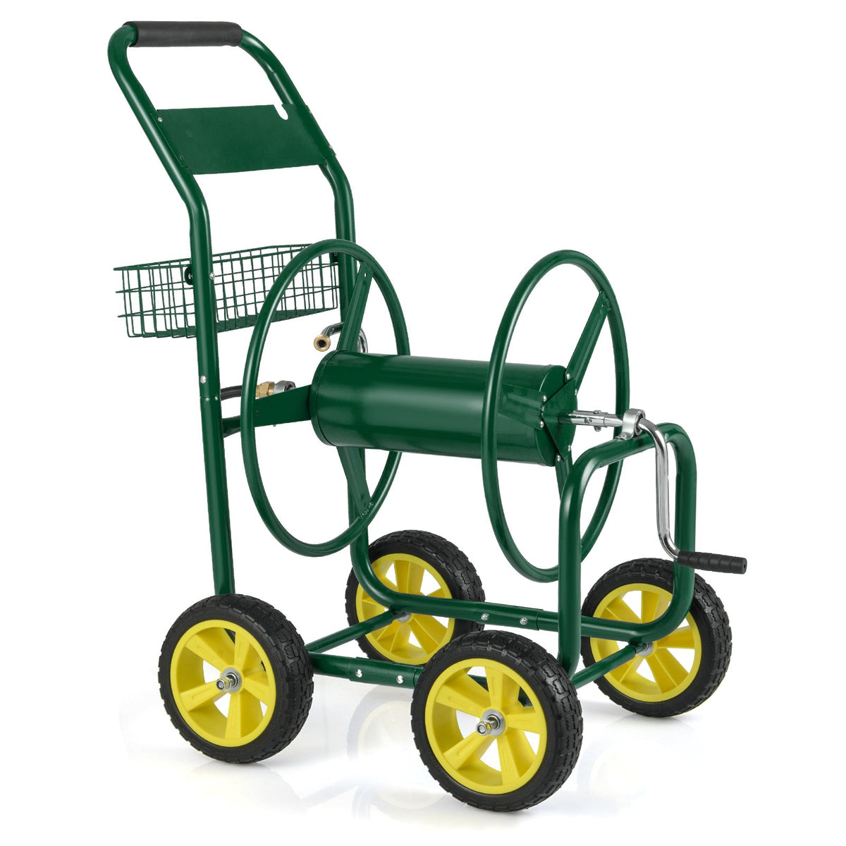 Garden Hose Reel Cart Metal Hose Cart with 4 Wheels and Storage Basket-Green view 4