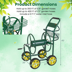 Garden Hose Reel Cart Metal Hose Cart with 4 Wheels and Storage Basket-Green view 5