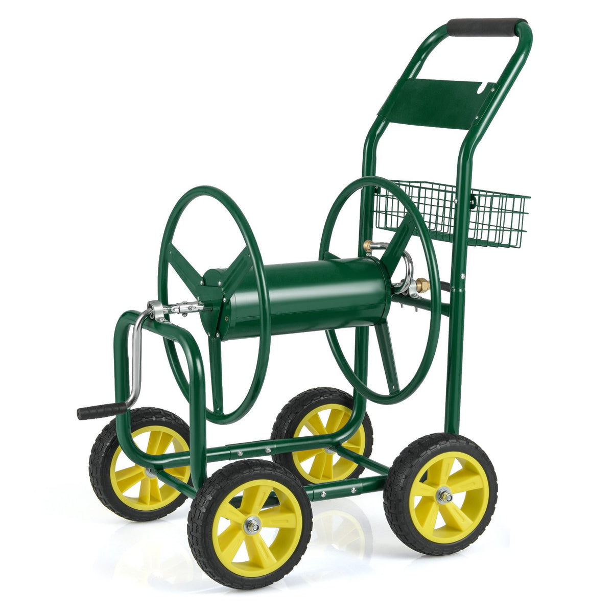 Garden Hose Reel Cart Metal Hose Cart with 4 Wheels and Storage Basket-Green view 6