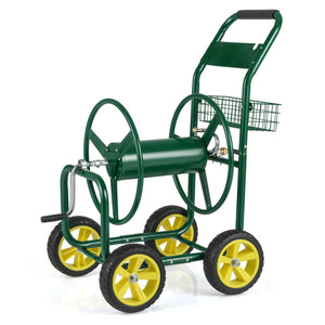 Garden Hose Reel Cart Metal Hose Cart with 4 Wheels and Storage Basket-Green view 6