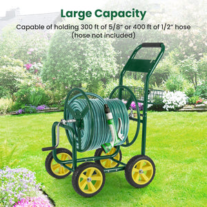 Garden Hose Reel Cart Metal Hose Cart with 4 Wheels and Storage Basket-Green view 7